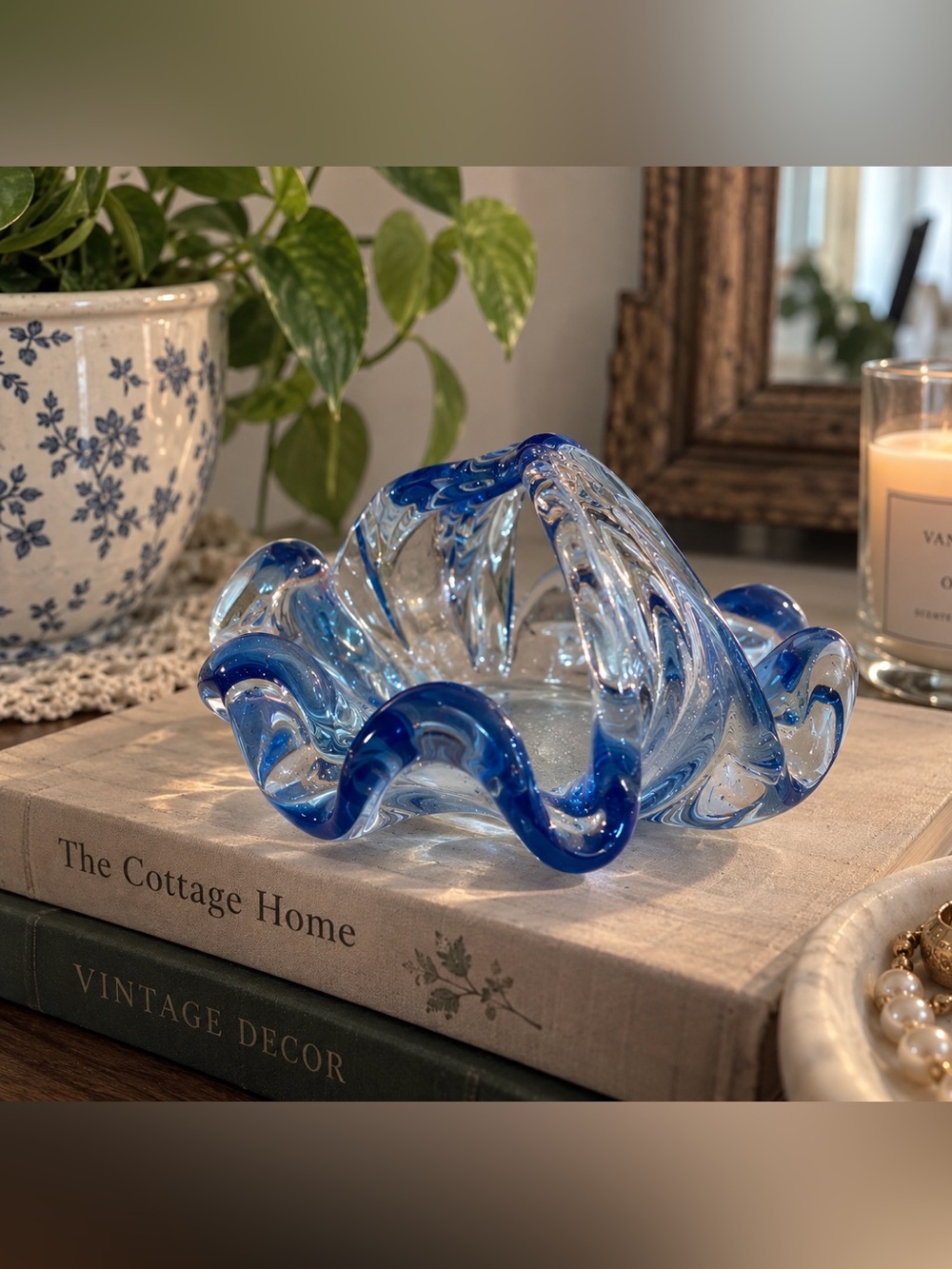 Beautiful Vintage Blue & Clear Art Glass Bowl / Basket – Made in Italy